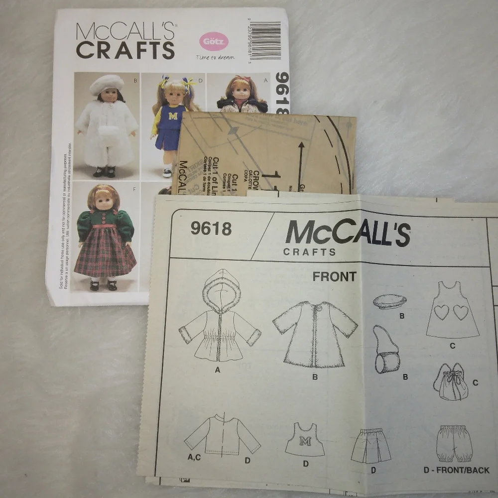 MCCALL'S 9618 Wardrobe 18 inch doll, Gotz doll, American Girl Doll